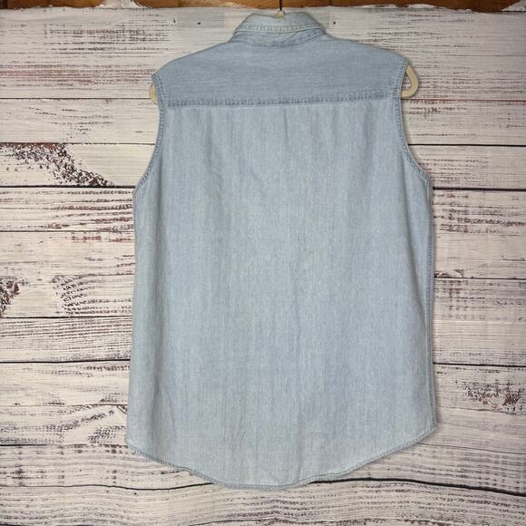 Vintage Denim Sleeveless Button Down Floral Embroidered Shirt Lg - Picture 3 of 4